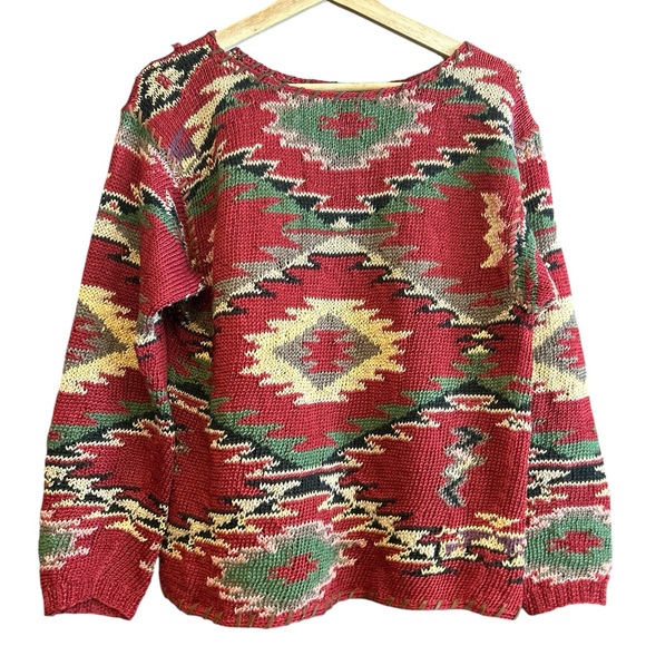 RALPH LAUREN COUNTRY Vintage Southwest Aztec Hand Knit Sweater Ramie Linen Blend - Picture 1 of 14